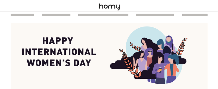 “Happy International Women’s Day” website banner with illustrations of women
