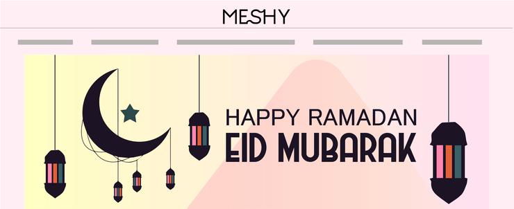 “Happy Ramadan” website banner with an illustration of a crescent moon and lanterns