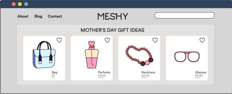 Illustration of an eCommerce website landing page with product recommendations for Mother’s Day campaigns