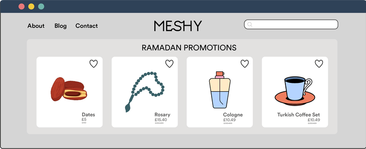 Illustration of an eCommerce website landing page with product recommendations for Ramadan campaigns