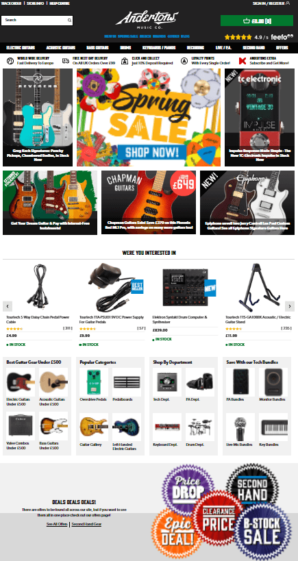 Online music store home page displaying spring sale banners, popular categories, special offers, personalised recommendations, new products and brands.