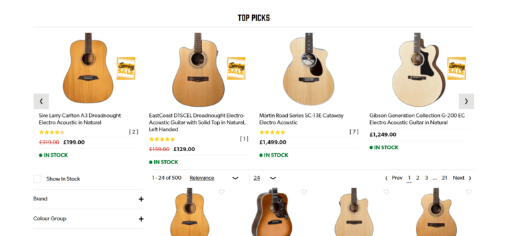 Online music store showing top picks for “acoustic guitar”.