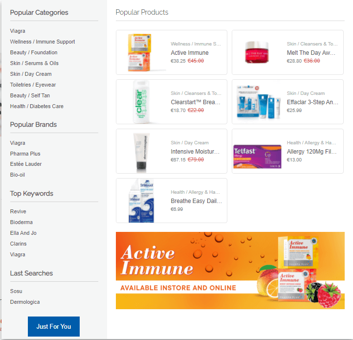 Search Box with category pages like popular categories, popular brands, top keywords, and last searches, listed on the left. The main area showcases selections of the most popular products with visuals and a banner for a specific brand.