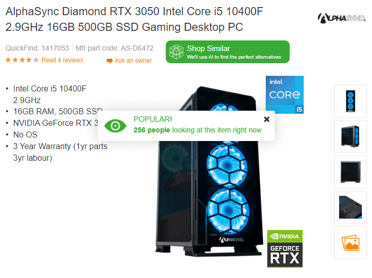 A product page for a gaming desktop with a pop-up message: “Popular! 256 people looking at this item right now.”